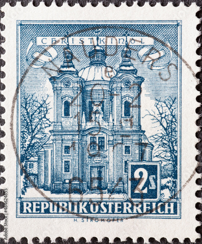Austria - circa 1958 : a postage stamp from Austria, showing the historic building: Church of Grace, Christkindl