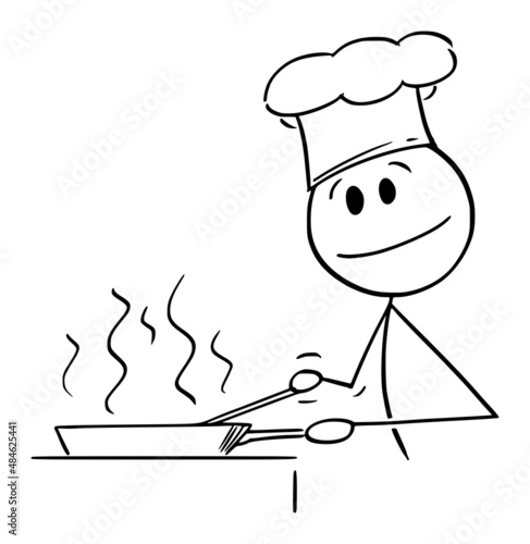 Cook Cooking Food in Frying Pan, Vector Cartoon Stick Figure Illustration