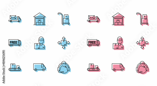 Set line Conveyor belt with cardboard box, Delivery cargo truck vehicle, Post, Support operator in touch, man boxes, Cardboard traffic symbol, Free delivery service and Warehouse icon. Vector