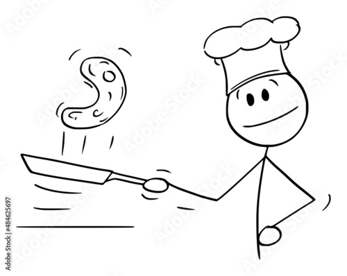 Cook Cooking Pancake in Frying Pan, Vector Cartoon Stick Figure Illustration