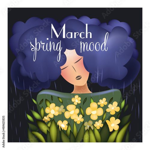 ector illustration. Girl in the hands of flowers. March. Spring mood. It's raining