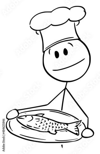 Cook Holding Tray with Fish , Vector Cartoon Stick Figure Illustration