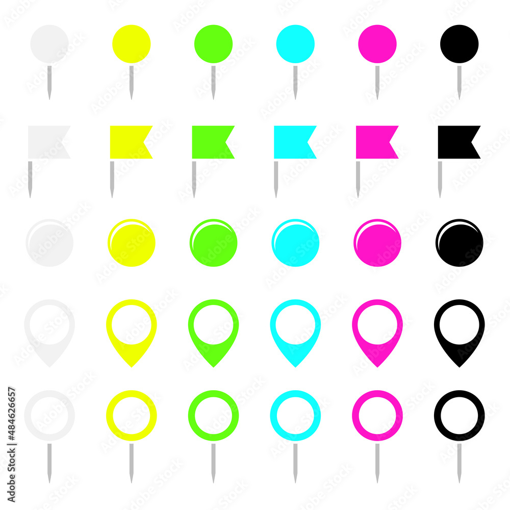 Set Fünf Verschiedene Gerade Grafische Nadeln Flaggen Runde Pins Und Magnete Neon