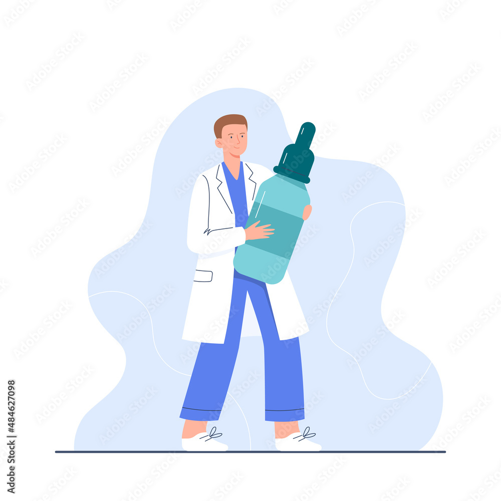 A young doctor with a a bottle of medicine. The character of a male doctor in full growth. Vector flat illustration for medical clinics banners, and websites.