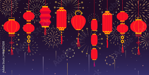 Lantern festival background with different red hanging lanterns and fireworks