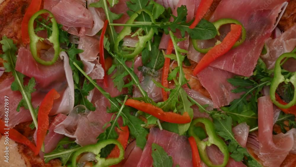 Tasty pizza with bacon pepper and arugula Tasty pizza with bacon pepper and arugula