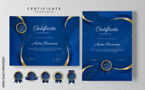 Blue and gold certificate of achievement border template with luxury badge and modern line pattern. For award, business, and education needs