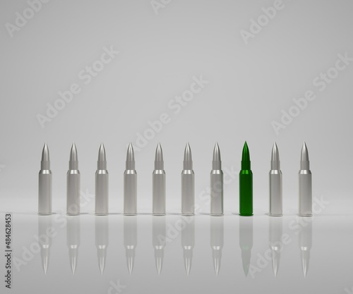 Green bullet  green ammunition or green ammo arrayed with normal bullets 3d rendered