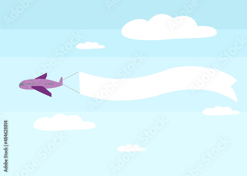 Vector cartoon of the purple plane with the white streamer flying in the sky and clouds