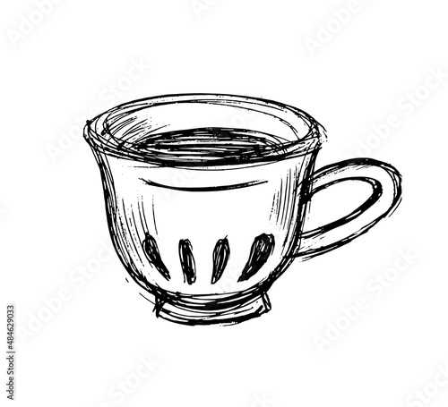 Cup sketch. Kitchen dishes mug for drinking. 