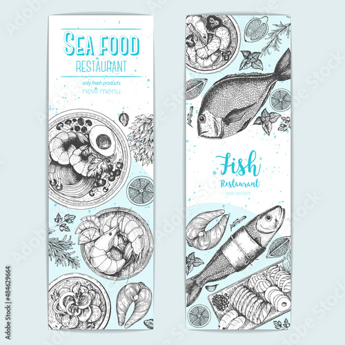 Vintage seafood banners set. Vector illustration hand drawn with ink. Cooked seafood dish on the table top view. Engraved style image.