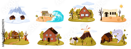 Natural disaster cartoon style set of isolated compositions. Hurricane, environmental crisis in nature, earthquake, volcano icons collection. Landslide with houses.