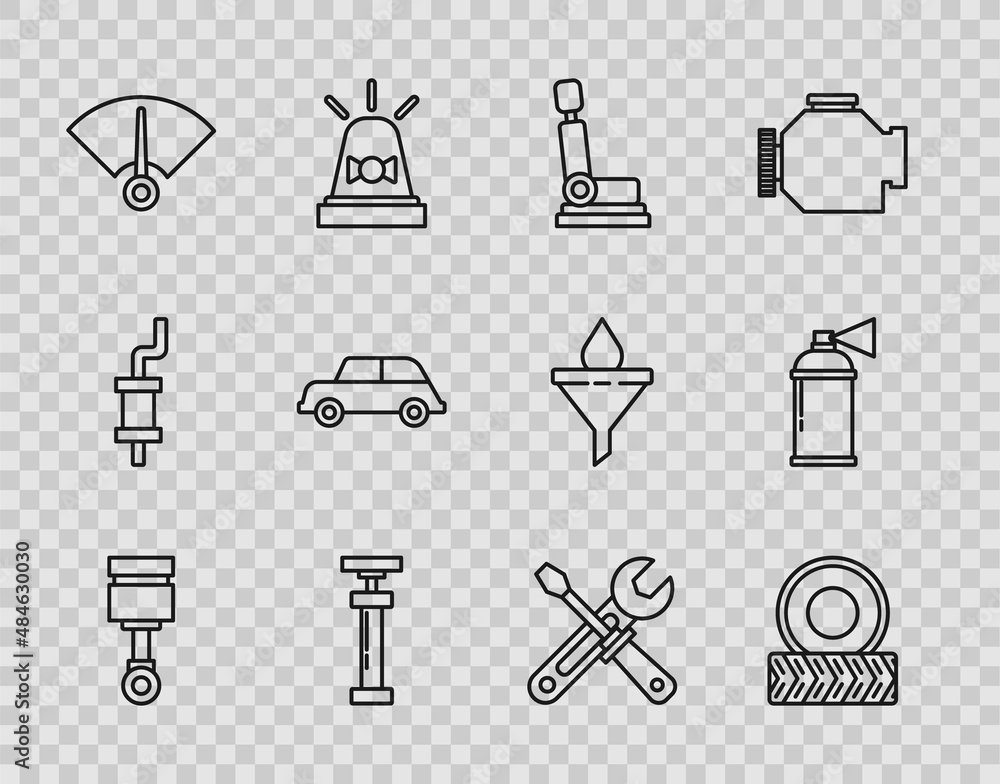 Set line Engine piston, Car wheel, seat, , Speedometer, Screwdriver and wrench tools and Paint spray can icon. Vector Set line Engine piston, Car wheel, seat, , Speedometer, Screwdriver and wrench tools and Paint spray can icon. Vector