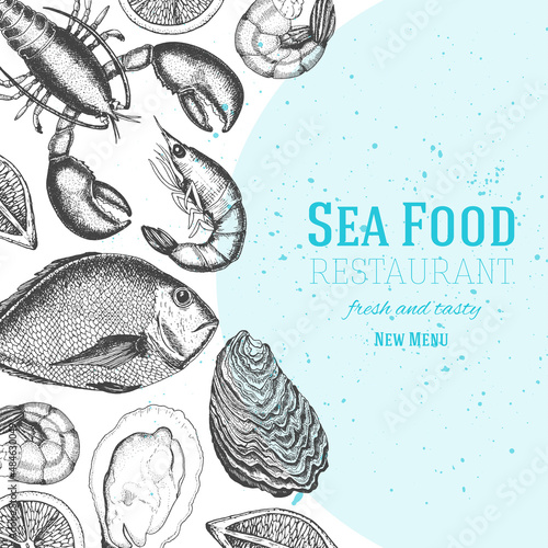 Seafood design template. Vector illustration with fish, lobster, shrimp, oysters and lemons. Engraved style image with sea food.