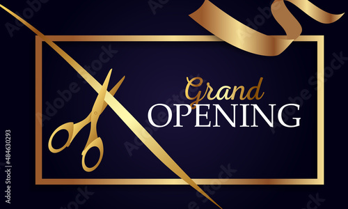 Grand opening design with ribbon, balloons and gold scissors, fireworks. Realistic Vector
