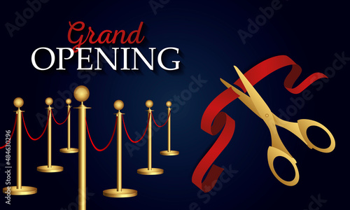 Grand opening design with ribbon, balloons and gold scissors, fireworks. Realistic Vector