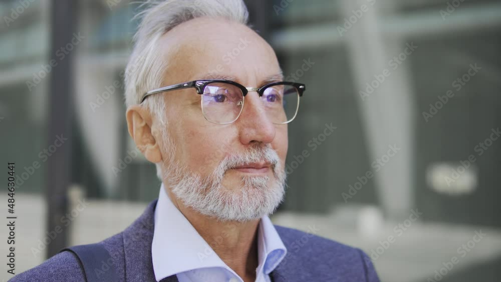 Close-up face of elegant mature man with grey beard and hair in stylish glasses Close-up face of elegant mature man with grey beard and hair in stylish glasses