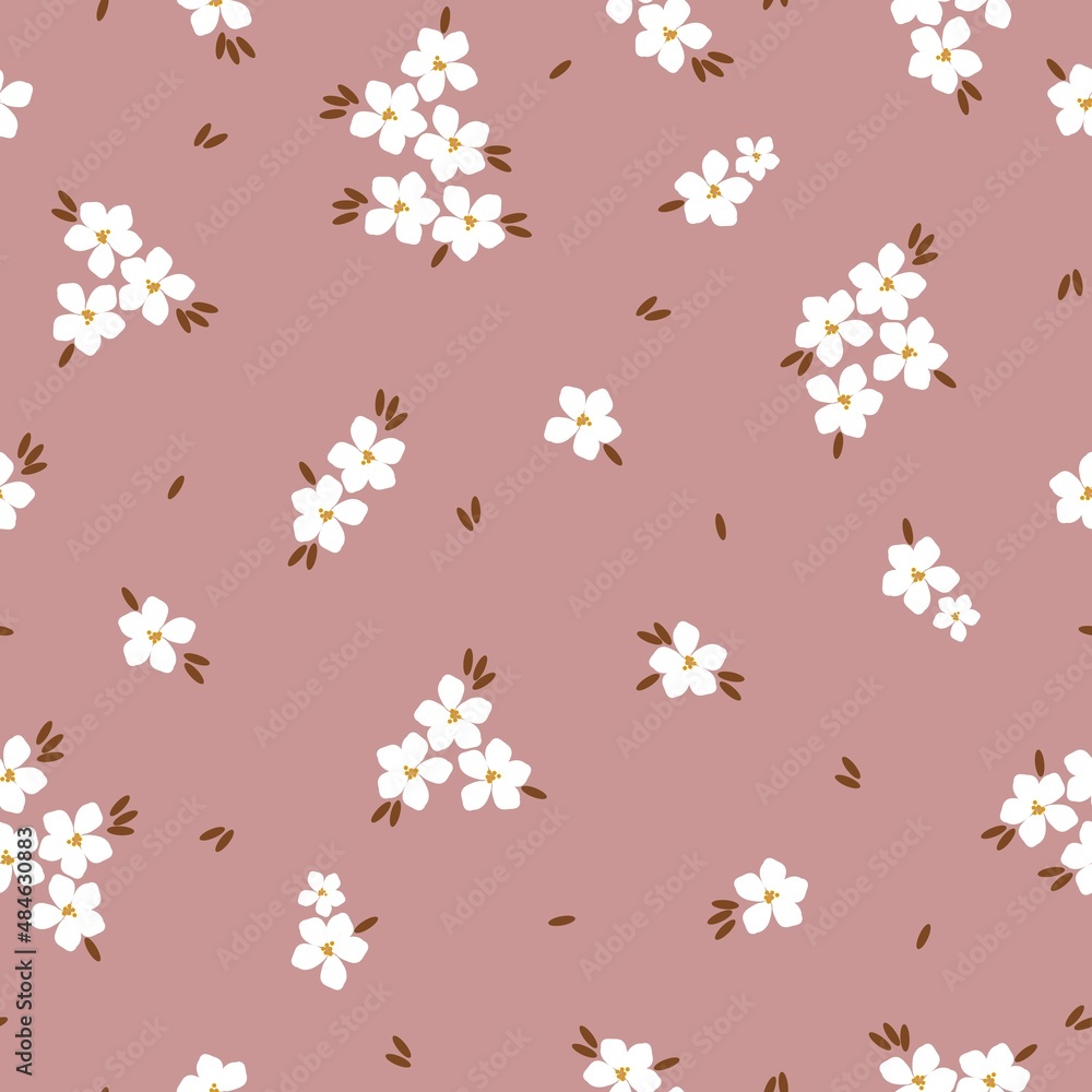 Seamless vintage pattern. Small white flowers and brown leaves. Dirty pink background. vector texture. fashionable print for textiles, wallpaper and packaging.