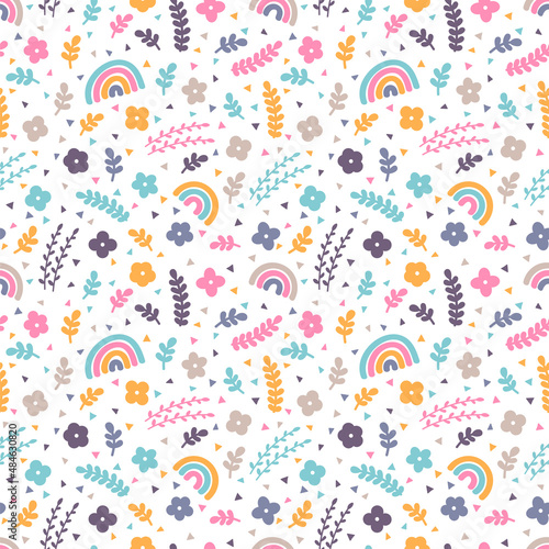 Cute floral seamless pattern with hand drawn elements. Spring. Rainbow, flowers. Scandinavian style