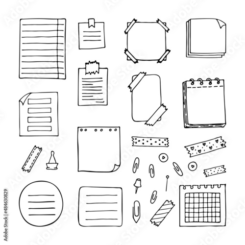 Hand drawn sheets of paper, documents, notebook. Stationery. Blank notes