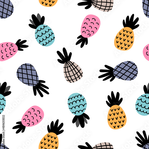 Seamless pattern with pineapples. Cute summer background with tropical fruit