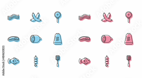 Set line Fish, Grilled shish kebab on skewer stick, Bacon stripe, Spatula, Salami sausage, Salt, Steak meat and Crossed icon. Vector