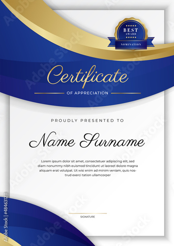 Blue and gold certificate of achievement border template with luxury badge and modern line pattern. For award, business, and education needs