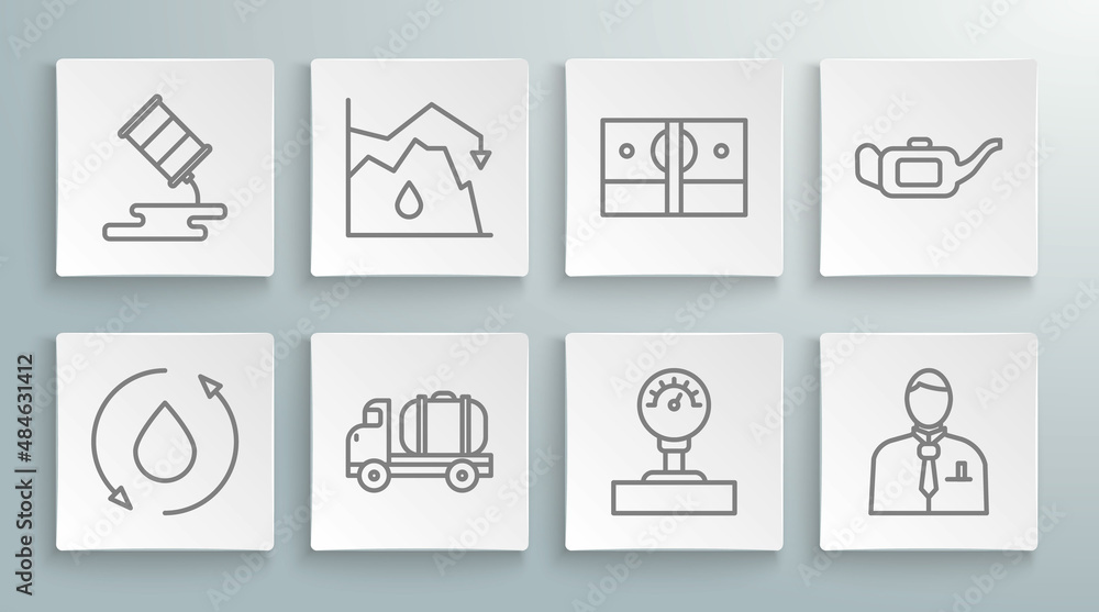 Set line Oil drop, Drop in crude oil price, Tanker truck, Gauge scale, Businessman or stock market trader, Stacks paper money cash, Canister for motor and Barrel leak icon. Vector Set line Oil drop, Drop in crude oil price, Tanker truck, Gauge scale, Businessman or stock market trader, Stacks paper money cash, Canister for motor and Barrel leak icon. Vector