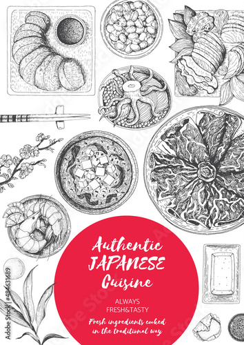 Japanese food menu restaurant. Asian food poster. Top view frame vector illustration. Japanese food engraved design template.