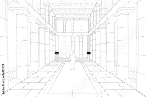 Outline of the hall with architectural columns and a sculpture of a woman from black lines isolated on a white background. Vector illustration