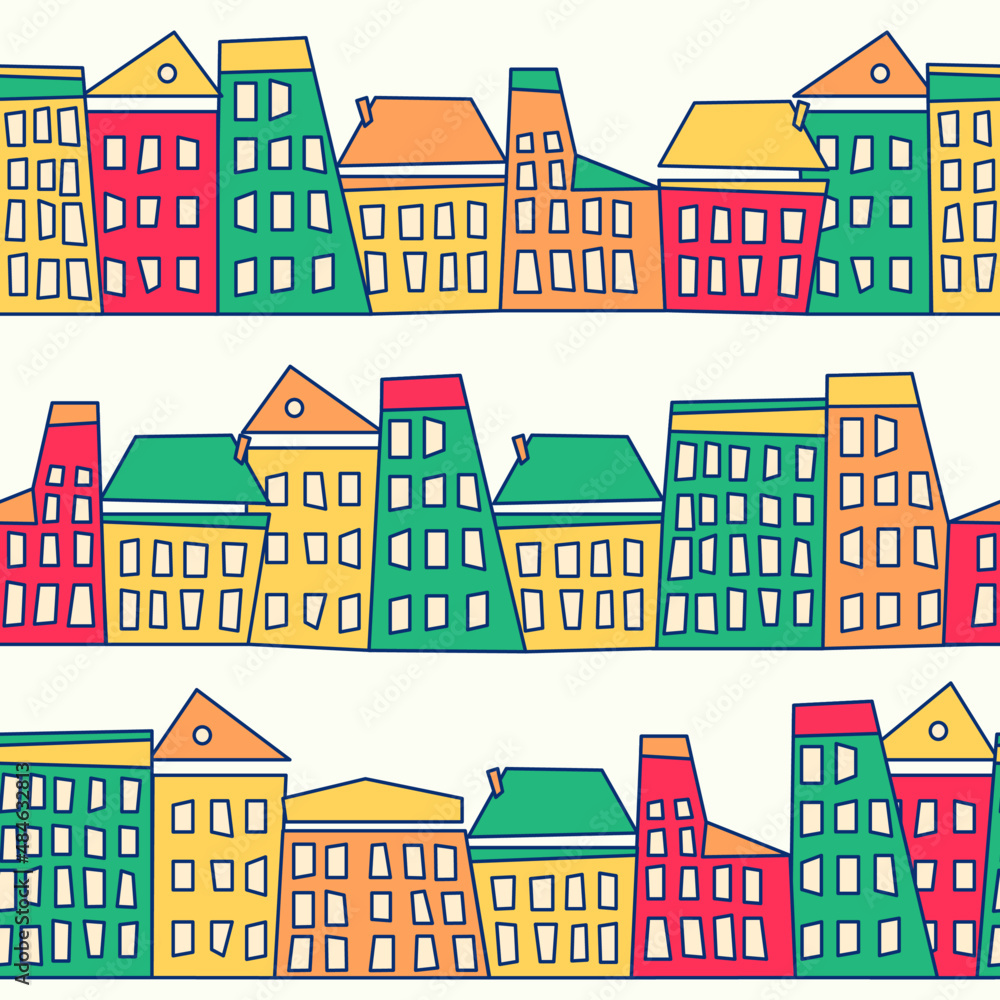 Background seamless pattern with handdrawn colorful houses. Vector illustration for children's room design, print, textile