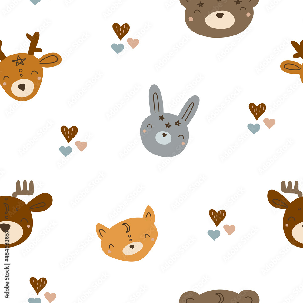 Obraz premium Seamless pattern with cute faces of Scandinavian animals for textile, nursery decoration. Scandinavian style illustration