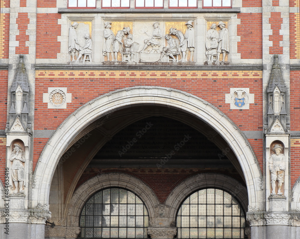 Amsterdam Rijksmuseum Facade Close Up with Sculpted Details, Netherlands