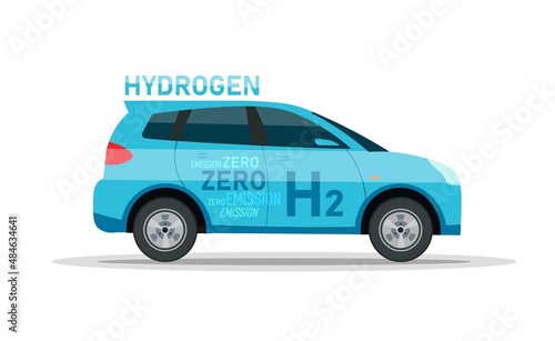 Automobiles with hydrogen motor. H2 fuel car. Editable vector illustration