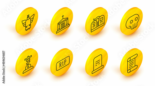 Set line Decree, parchment, scroll, Grave with tombstone, Speech bubble rip death, cross, Skull, Old crypt and Christmas angel icon. Vector