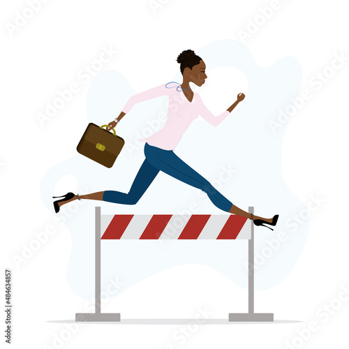 African american businesswoman jumps over hurdle. Overcoming obstacles, solving business problems. Skills improvement. Successful employee fast run. Confident female character.