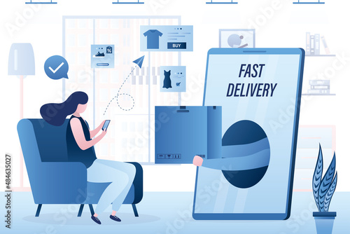 Cute woman is sitting at home in chair. Woman consumer buys online on smartphone. Fast delivery, hand gives parcel from mobile phone. E-commerce and customer relationships.