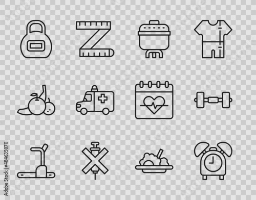 Set line Treadmill machine, Alarm clock, Cooking pot, No doping syringe, Kettlebell, Ambulance and emergency car, Healthy food and Dumbbell icon. Vector