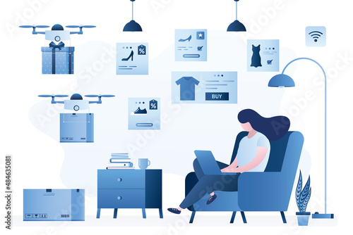 Online shopping. Woman shopper sit at home and makes online purchases. Fast contactless delivery, drones gives parcels with goods. Modern technology of e-commerce. Internet shop.