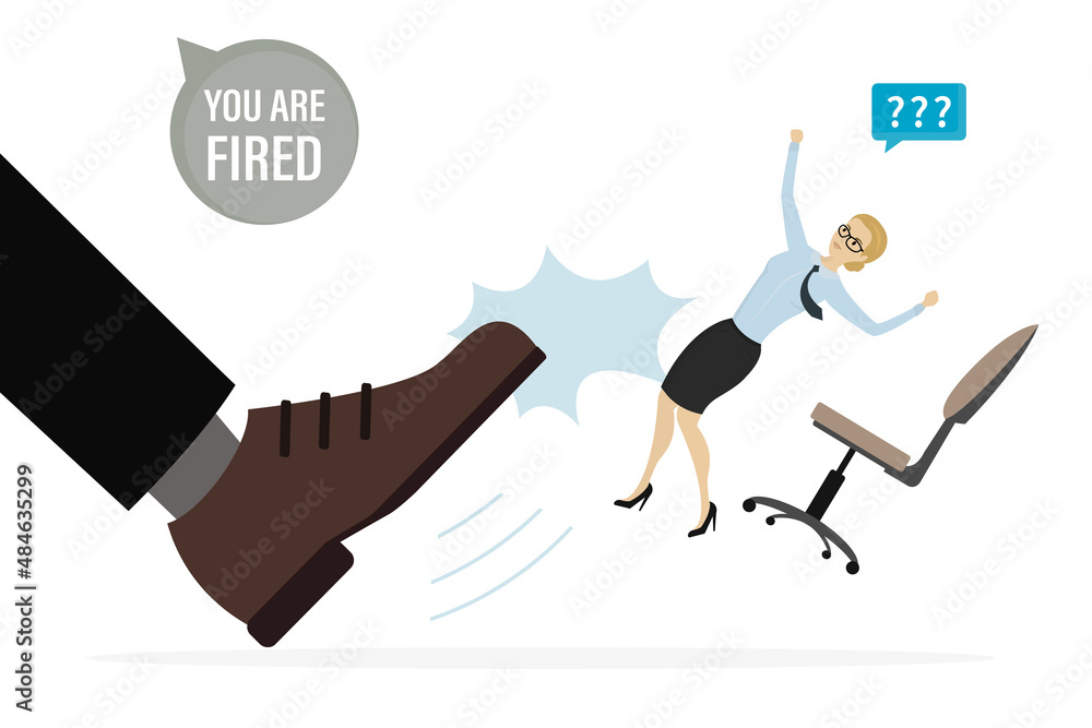 Female employee kicked out of work. Dismissal of staff, unemployment. Staff reduction, fired manager. Big boss boot. Unhappy caucasian businesswoman isolated on white background. Female employee kicked out of work. Dismissal of staff, unemployment. Staff reduction, fired manager. Big boss boot. Unhappy caucasian businesswoman isolated on white background.