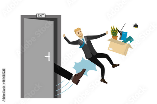 Male employee kicked out of work. Dismissal of staff. Idea of unemployment. Staff reduction, fired manager. Unhappy caucasian businessman isolated on white background.