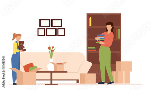 People moving into new house, family unpacking boxes. Cardboard Box with Various Things from House for Moving, Delivery Package Relocation.