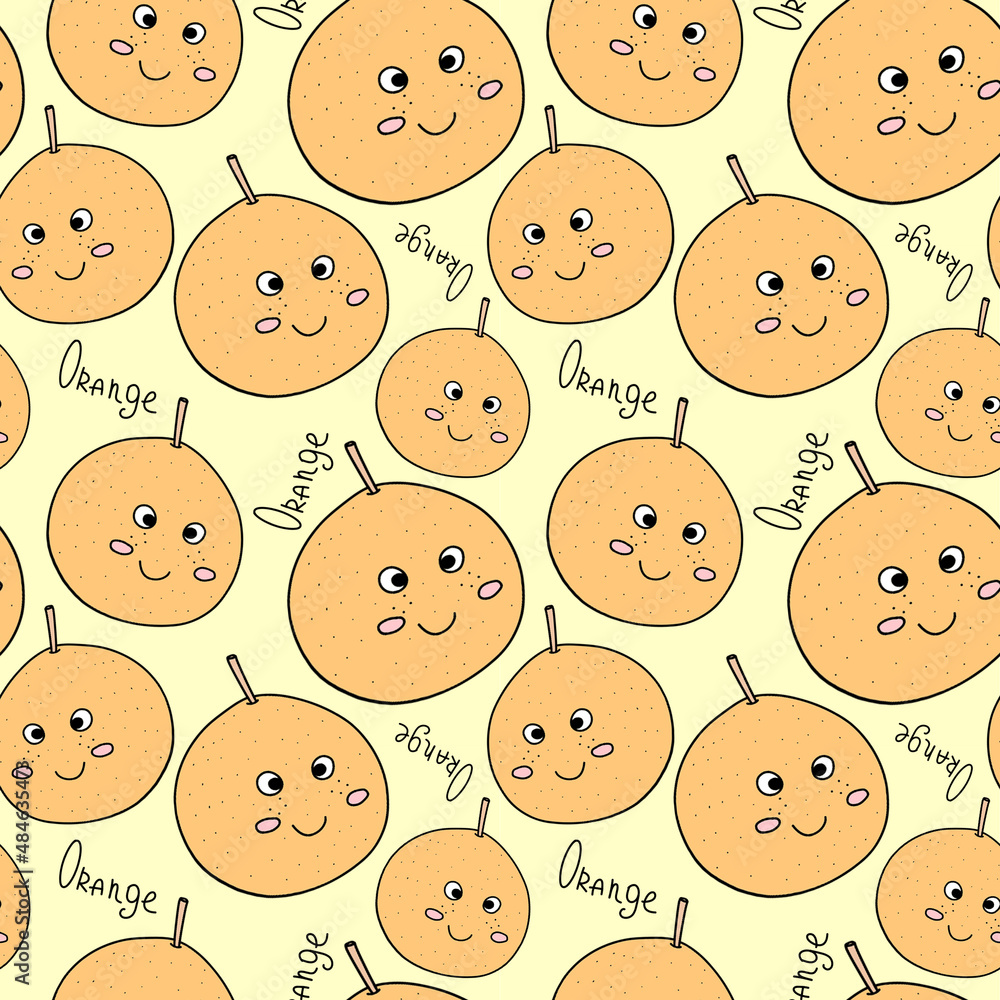 Cute Orange.  Fruit pattern. Funny fruits. Print for children's clothing. Seamless pattern. 