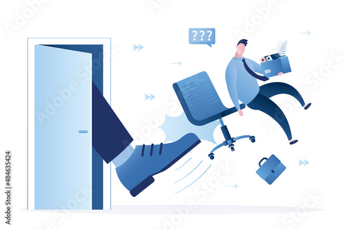 Male employee kicked out of work. Dismissal of staff. Unemployment, concept banner. Staff reduction, fired manager. Unhappy businessman flying with chair and office supplies.