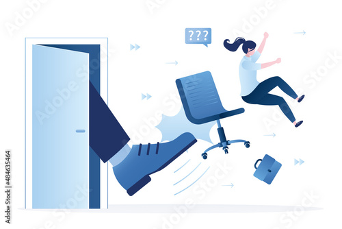 Female employee kicked out of work. Dismissal of staff. Unemployment, concept banner. Staff reduction, fired manager. Unhappy businesswoman flying with chair and office supplies.