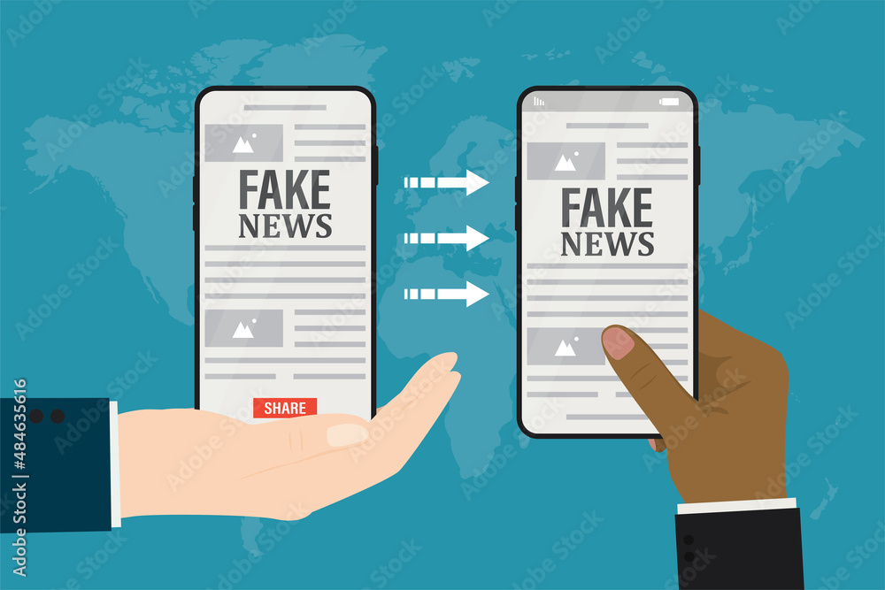 Fake news on mobile phone. Social media with propaganda or hoax. Global spreading articles with lies and disinformation. Multi Ethnic hands holds cell phones. Fake news on mobile phone. Social media with propaganda or hoax. Global spreading articles with lies and disinformation. Multi Ethnic hands holds cell phones.