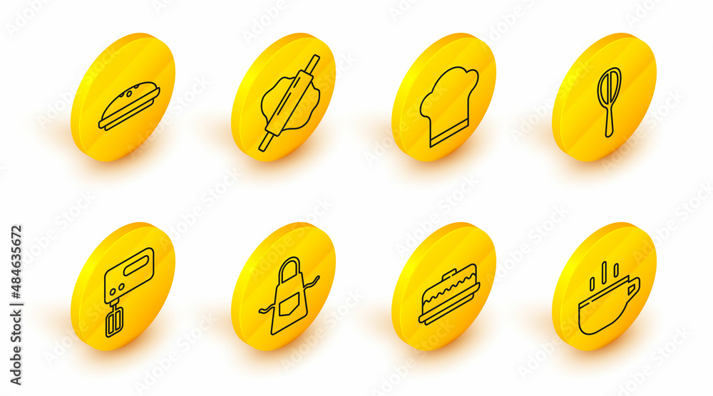 Set line Coffee cup, Cake, Kitchen apron, Electric mixer, whisk, Chef hat, Rolling pin dough and Homemade pie icon. Vector Set line Coffee cup, Cake, Kitchen apron, Electric mixer, whisk, Chef hat, Rolling pin dough and Homemade pie icon. Vector
