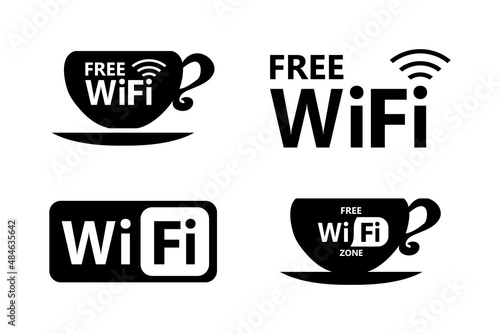 Set of black labels or stickers template - Free wifi. Access to public computer network. Wi-Fi Hotspot Internet, signs or buttons on white background.
