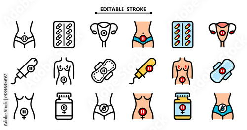 Menopause flat icons. Editale stroke. Vector color signs for web graphics