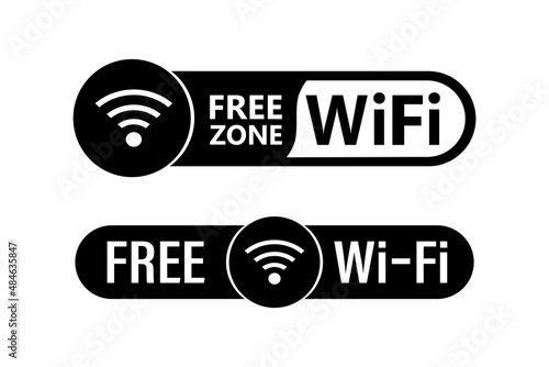 Wi-Fi Hotspot Internet, two monochromatic signs or buttons isolated on white background. Set of labels or sticker template - Free wifi. Public computer network.